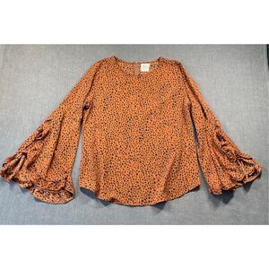 Animal Print Ruffle Split Sleeve Blouse Womens M Orange Boho Festival Top Casual
